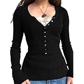 EMMIOL Long Sleeve Henley Shirts for Womens - V Neck Button Ribbed Knit Tops Slim Fit Casual Trendy Lace Tunics Blouse