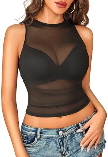 Allchic Womens Sheer Mesh Tank Tops, See Through Scroop Neck