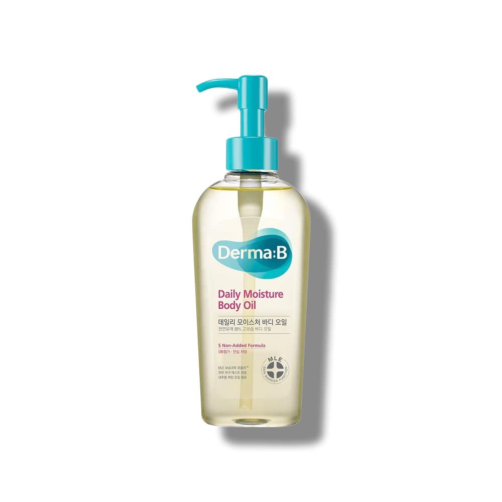 Derma B Daily Moisture Body Oil | 99% Natural Argan & Sweet Almond Oil | Shower Oil for Dry Sensitive Skin | Light & Long-Lasting Hydration | Skin Body Care Oil with Peach Scent | 6.78 fl oz (200ml)