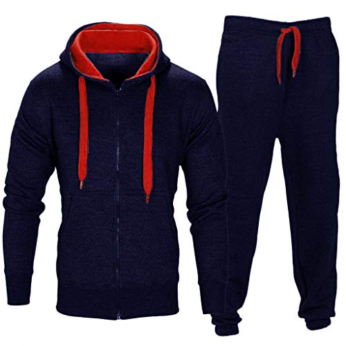 SSYUNO Men Stretchy Trousers Hooded Coat Jacket Pants Jogging Fleece Warm Sports Tracksuit Top & Bottoms Set