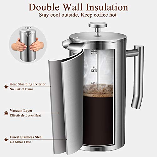 Veken French Press DoubleWall 18/10 Stainless Steel Coffee & Tea Maker