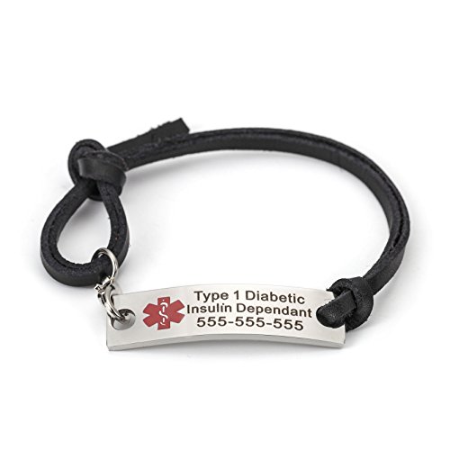 Free Custom Engraved Stainless Steel Medical Alert ID Tags With Black Leather Cuff Bracelets