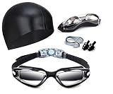 Hurdilen Swim Goggles, Swimming Goggles Anti-Fog UV Protection Coated Lens No Leaking with Nose Clip, Earplugs, Case for Men Women Adult Youth Kids (Black(with Cap))