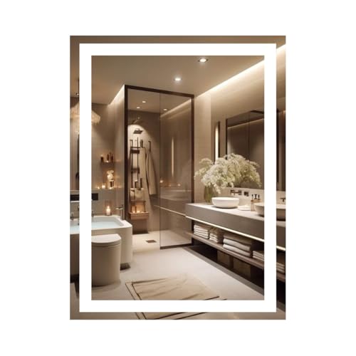 Espelho jateado lapidado decorativo Retangular Vertical ou horiontal 70x50cm luz led touch Dimerisável luxo iluminado (Led frio)