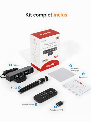 Spedal 4K Webcam - Ultra HD 8MP with 4x Digital Zoom, 120° Wide Angle, Noise Reduction Microphones, Remote Control & Tripod, Plug & Play (USB-A/C) for Zoom, Skype, Teams and Streaming