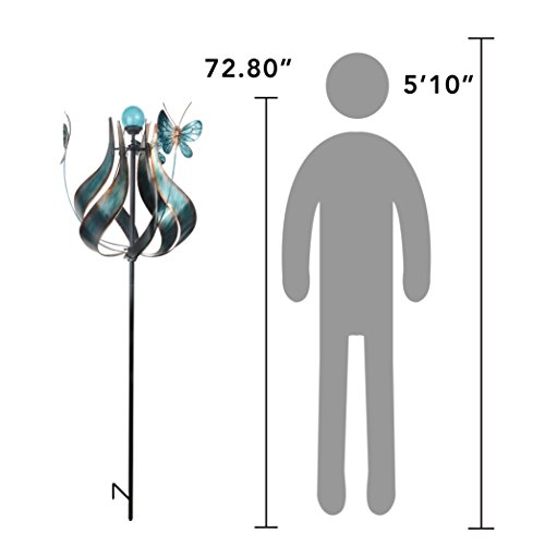 Peaktop Metallic Kinetic Tulip Windmill Garden Spinner with Butterflies, Teal