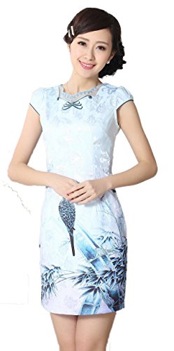 AvaCostume Women's Bowknot Neck Bamboo Bird Print Jacquard Dress Qipao