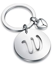 HOLLP Silver Initial Disc Charm Keychain 26 Initial Letter Alphabet Key Ring A-Z Initial English Charm Stainless Steel Initial Keychain for Women (W)