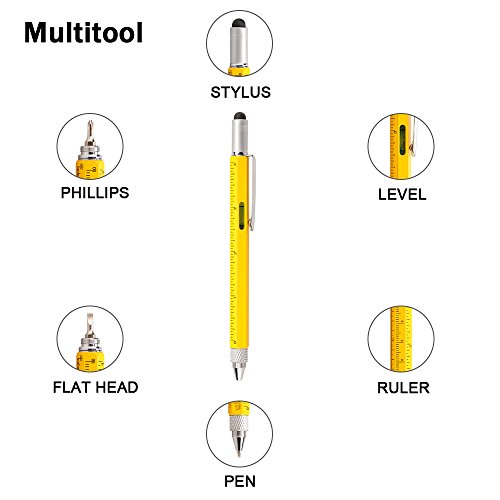 BM Multifunction Tool Pen with Stylus, Ballpoint Pen, Screwdriver, Bubble Level, Universal Ruler and Phillips Flathead Bit Useful Office Gadget Gifts Pack of 2 (Yellow) - Thumbnail 4