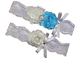 Ivory Beach Blue Lace Wedding Garter Set with Pearl & Rhinestone & Bow Prom Gift