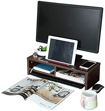 SF Wood Monitor Stand TV PC Laptop Computer Screen Riser Desk Storage Organizer 2 Tiers Home Office Helper with Smart Phone Holder and Cable Management 50cm L x 20cm D x 14cm H (Red Walnut)