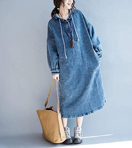 Amazon レディース秋冬デニムワンピ 韓国ファッションデニムワンピース ロングドレス ロングパーカー デニムパーカー Zr170 トレーナー パーカー 通販