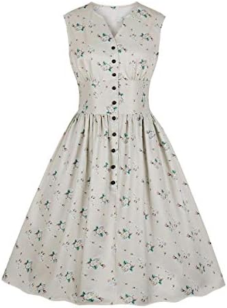 Wellwits Women's Split Neck Floral Button 1950s Vintage Tea Dress