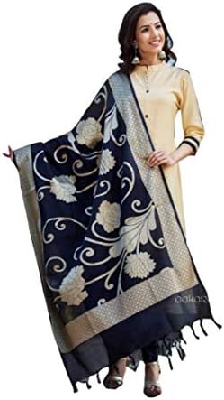 Moniba Women's Beige Ruby silk Handwork Embroidery Kurti With Black Banarsi Dupatta(2.5 m) Kurti With Tussles