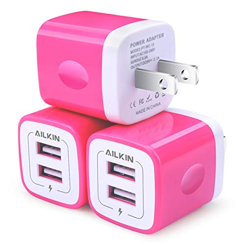 Fast USB Plug, 3Pack AILKIN USB Wall Charger 2.1A/5V Dual Charger Adapter Power Station Cube Plug Phone Charging Boxed Block Base Brick for iPhone 15 14 13 12 Pro, iPad, Samsung Galaxy, LG, Moto AC
