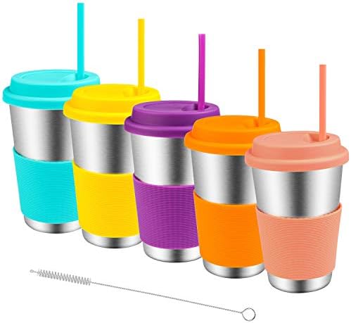 Stainless Steel Cups with Lids and Straws, Spnavy 5 Pack 16 OZ Stackable Metal Drinking Glasses for Kids Toddlers Adults Unbreakable Pint Cup Tumblers for Travel, Outdoor, Camping, Everyday Use