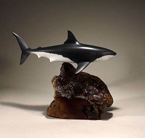 Great White Shark Sculpture by John Perry 15in Long Airbrushed on Burl Wood Decor