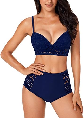 Swiland Women's Retro Vintage High Waist Bikini Two Piece Swimsuits Navy,M