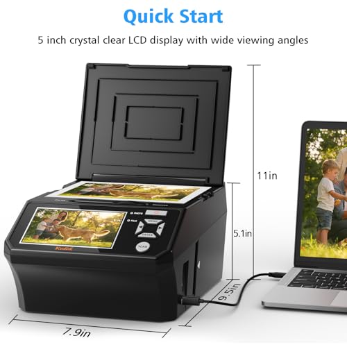 Scanner 4-en-1 Diapositives et Négatifs, Scanner Photo 22MP avec Écran LCD 5", Convertit 135/110 Films/Négatifs/Photos en JPEG Numérique, Carte SD 8Go Incluse