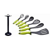 Uniqos Kitchen 7-Piece Premium Quality Nonstick Cooking Utensil Set Including Spoon, Soup Ladle, Slotted Turner, Skimmer, Whisk, Spaghetti Server, And Rotating Holder Organizer Stand
