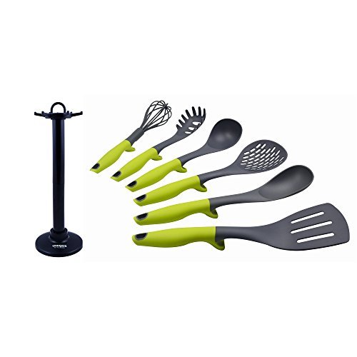 Uniqos Kitchen 7-Piece Premium Quality Nonstick Cooking Utensil Set Including Spoon, Soup Ladle, Slotted Turner, Skimmer, Whisk, Spaghetti Server, And Rotating Holder Organizer Stand