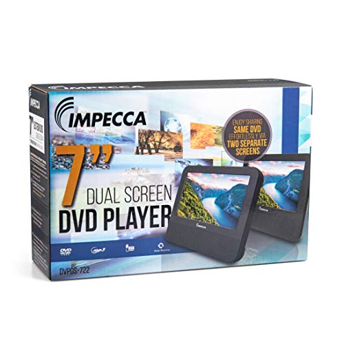IMPECCA DVD Player, Portable Dual Screen DVD 7" Player for Car Headrest or Home with USB, SD Card Reader, Rechargeable Battery, Memory Function, Two Screens Play One Movie