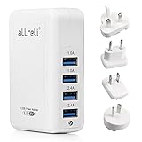 USB Charger aLLreLi Intelligent 4-Port Wall Charger with US UK EU AU International Travel Adapters - 6.8A/34W for Apple iPhone iPad, Samsung Galaxy, Smartphone, Tablet and More - White