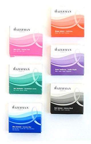 Waterman Mini Lady Fountain Pen Ink Cartridges Black, Blue, Red, Purple, Pink and Green Bundle of 36 Cartridges