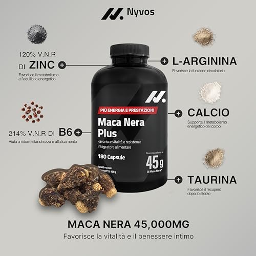 Maca Peruviana Plus – Maca Nera 45.000 mg Equivalenti (100:1), Arginina, Taurina, Vitamina B6 – Testosterone Uomo – 180 Capsule – Vegano, Senza Glutine né Lattosio – Pre workout, Energia e Muscoli — foto 3 di 8
