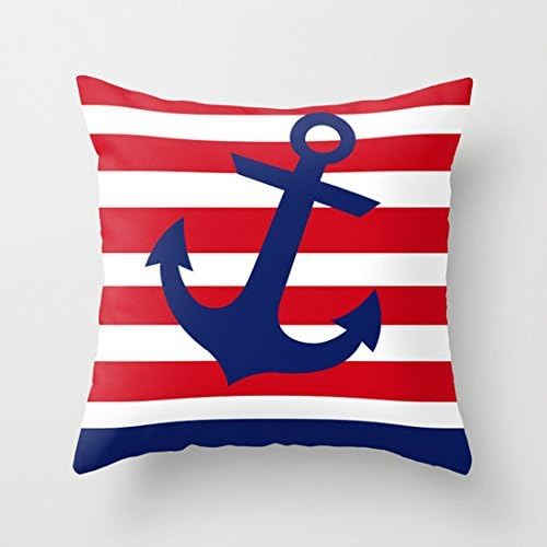 Red Anchor Nautical Stripes Polyester Pillow Case 16 x 16 Inches