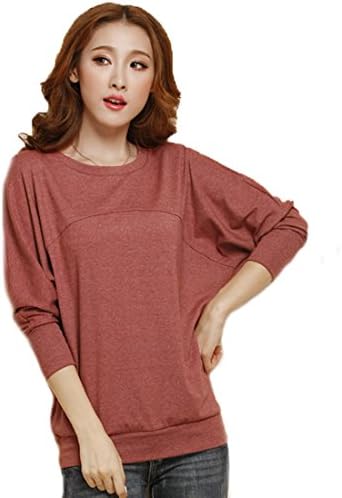 Womens T-shirt Pleated Long Sleeve Shirt Dolman Top Boat Neck Tops Tee (XXXXL, Red rust)