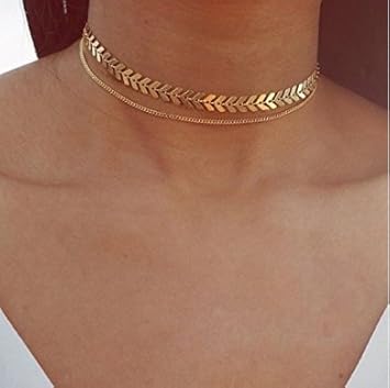 Sixlus Pailletten und Chevron Kette Fishbone Kette Pailletten Halskette Doppelschicht Kette Schlüsselbein Kette