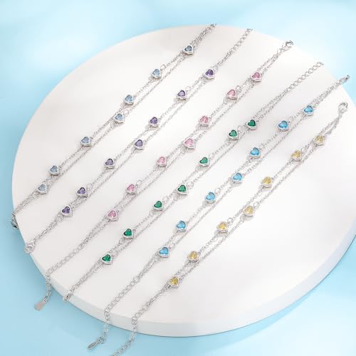 Tusuzik Women's Original 925 Sterling Silver Birthstone Bracelet Double Layer Personalised Heart Jewellery Birthday Gift For Mom Wife Girlfriend Friends Girls Teenagers