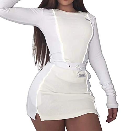 LuFeng Women's Sexy Fashion Reflective Striped Long Sleeve 2 Piece Outfits Crop Top and Mini Bodycon Skirt Set (XL, White)