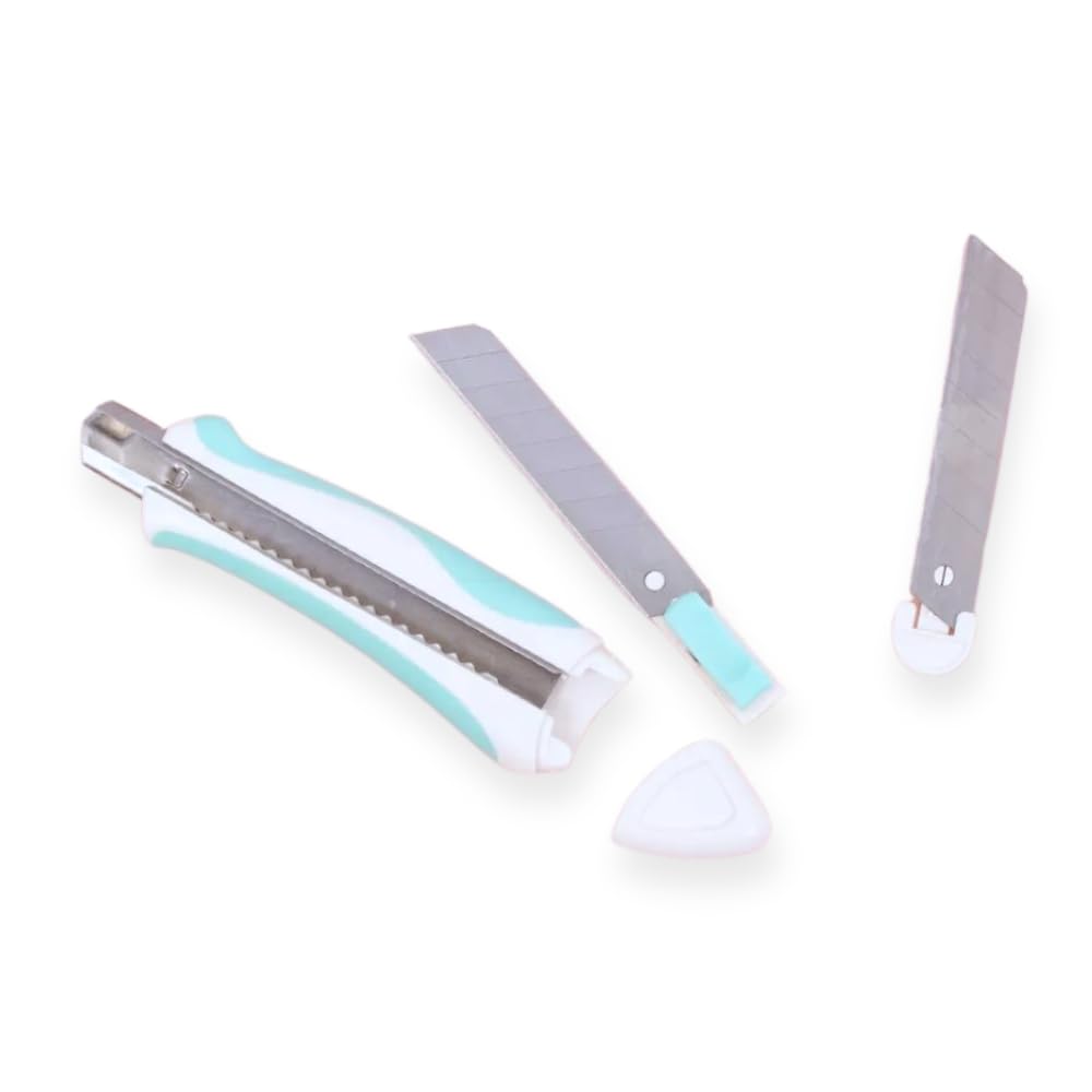 Craftelier - Professionele Cutter met Antislip, ergonomische handgreep en Grip | Automatisch vergrendelingssysteem | incl. 2 reservemessen Van koolstofstaal (SK4) | Grootte 18 cm - Wit en Turquoise
