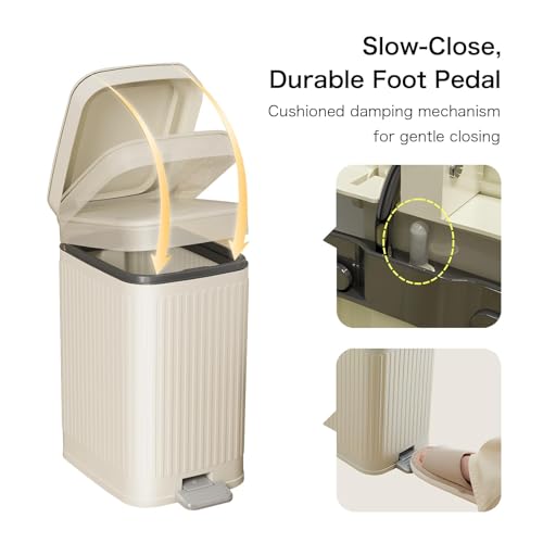 Orchid M® 10L Bathroom Trash Can with Lid, Press-Top Lid & Foot Pedal 2-in-1 Garbage Can, 2.6 Gal Plastic Wastebasket Soft Close, Dog proof, Slim Step-On Trash Bin for Kitchen/Office/Bedroom (White)