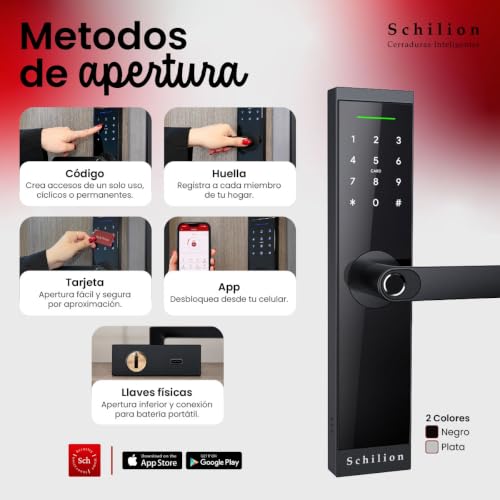 Schilion Cerradura Inteligente WiFi + Bluetooth para Puerta Principal Exterior Chapa Electrónica Apertura con Huella, Código, Tarjeta, App Móvil, Control Remoto - Espesor Recomendado de 3.5 a 12 cm