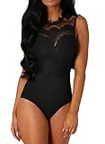 Shawhuwa Womens Sexy Floral Lace High Neck Sleeveless Bodysuit Clubwear (X-Large, Black)
