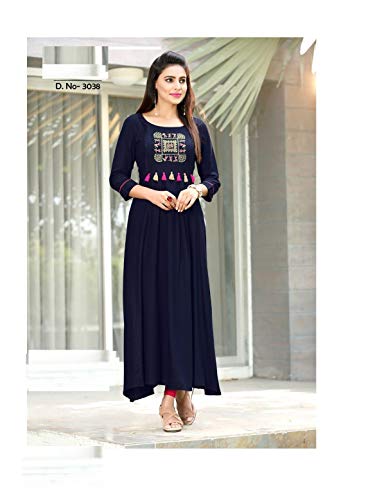 Globon impex Indian Pakistani Women designer rayon kurta wedding kurti stylish top tunic Dress (L - 40, Nevy Blue)