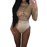 Sexy Women Lace perspective Bodysuit Jumpsuit Summer Playsuit Tops (US 4/S, Gold)