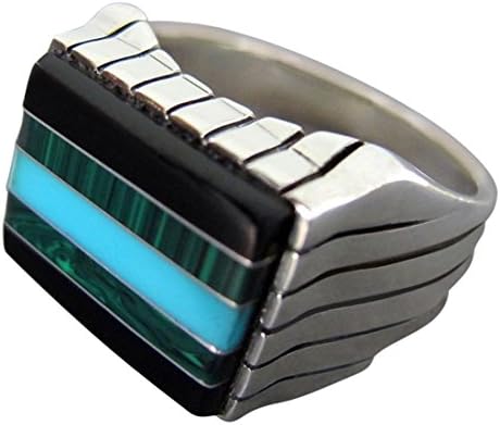 925 Sterling Silver Onyx Malachite Turquoise Stone Set Mens Solid Ring (10)