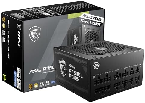 MSI MAG A750GL PCIE5, Fully Modular Compact Gaming 750W Power Supply, 80+ Gold, ATX 3.1 & PCIe 5.1 Ready, Native Dual-Color 12V-2x6 Cable, 10 Year Warranty