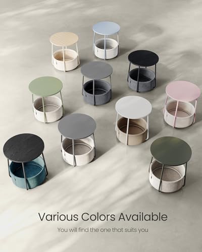 VASAGLE LILEA Collection - Small Round Side End Table, Modern Nightstand with Fabric Basket, Cream White ULET223K67
