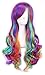 Women's Long Wave Rainbow Cosplay Wig & 1 Hair Cap, for Halloween Mermaid Unicorn Masquerade Party Costume Accessories, Multi Color Harajuku Lolita Sexy Sweet Style Anime; 01DC