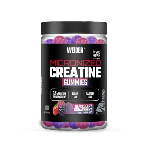 Micronized Creatine Gummies (60 gominolas) Sabor DUO Fresa-Mora, con 3,5g creatina monohidrato 200 MESH/porción, Certificado por laboratorio Europeo, ayuda al rendimiento físico (20 porciones)