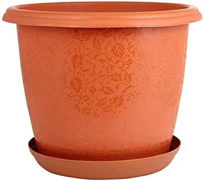 Divine Tree Round Plastic Flower Pots Planters with Tray for Outdoor & Indoor Gardening(Terracotta,10x10x8 inch)