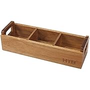 Small Wooden Tea Bag Box by HTB, 3 Compartments Acacia Wood Tea Bag Chest with Handle, Mini Countertop Divided Storage Container for Beverage Supplies, Sugar, Sweeteners, Individual Packets
