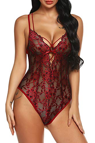 BonneXD Teddy Lingerie Womens One Piece Babydoll Lace Floral Mini Bodysuit (S, Red)