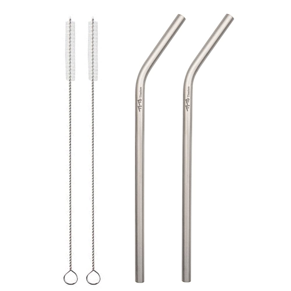 TiTo Titanium Straw Supper Strong and Ultralight Drinking Straw with Cleaning Brush Dia 7mm X 0.4mm with Bent and Straight Two Shape Titanium Alloy Straw (Pack of 2) (2 Bent)