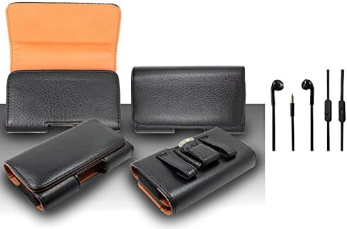 For Alcatel One Touch Pop Astro (T-Mobile) - Premium Classic Black Pebble Texture Leather Belt Case Clip Holster Pouch (Fit for With Slim Case Together) + 3.5MM Stereo Earphones